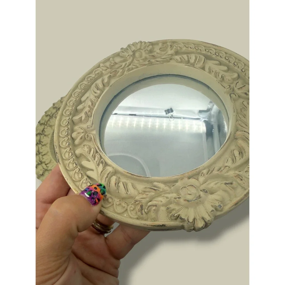 Vintage Style Ornate Round Wall Mirrors Set 2 Cream Distressed Shabby Chic